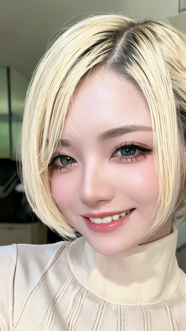 real, masterpiece, highest quality, A photo of a woman smiling happily, beautiful and detailed eyes, long slit eyes, black eyes, thin eyebrows, Make your eyelashes delicate, long eyelashes, false eyelashes, (hidden creased eyelids:1.3), (blonde hair, short hair, middle part:1.3), A little tooth is visible, Dark blue turtleneck sweater