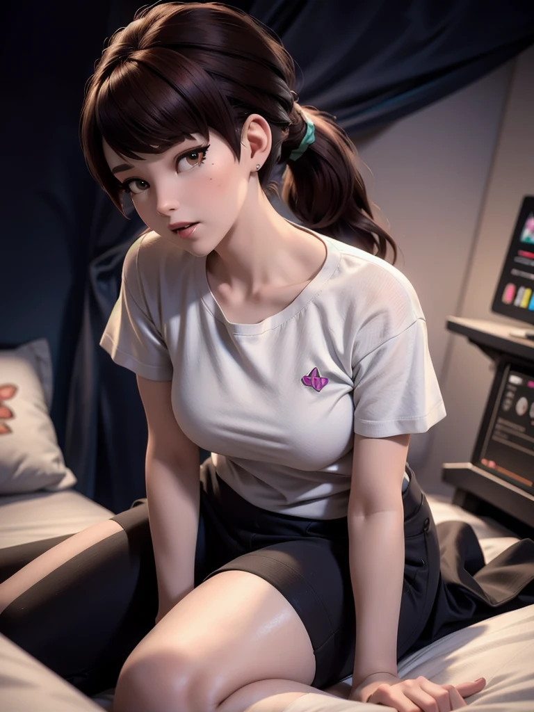 (DVA from Overwatch) without her mech, a woman with short brown hair in a (ponytail),she sits on her bed with her legs spread, high quality refelctions, volumetric lighting, she is wearing a very loose (plain ice white t-shirt), very short sleeves, in her bedroom on her bed, 1 girl solo, cinematic lighting, high resolution, physically-based rendering, 8k, volumetric lighting, hyperrealistic, detailed facial features, masterpiece, full upper body, gaming setup in background, cinematic, you can see the fabric of the shirt and the knits very detailed,very small breasts,  breasts, nsfw, the focus is on her whole body and the environment, cinematic screenshot, you can see the whole room and her sitting on the bed