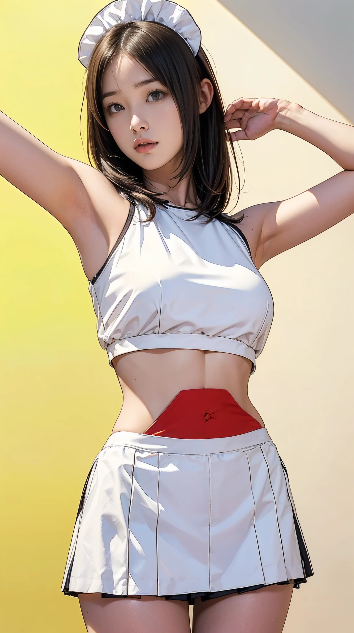 A girl wearing a maid outfit and a crop top, , ((Raise your arms, Show me your armpits)), Troubled face, Short Bob, Very slim, Showing your belly button, skirt, Mansion, beautiful Stomach, Stomach, (To NFSW:1.5)