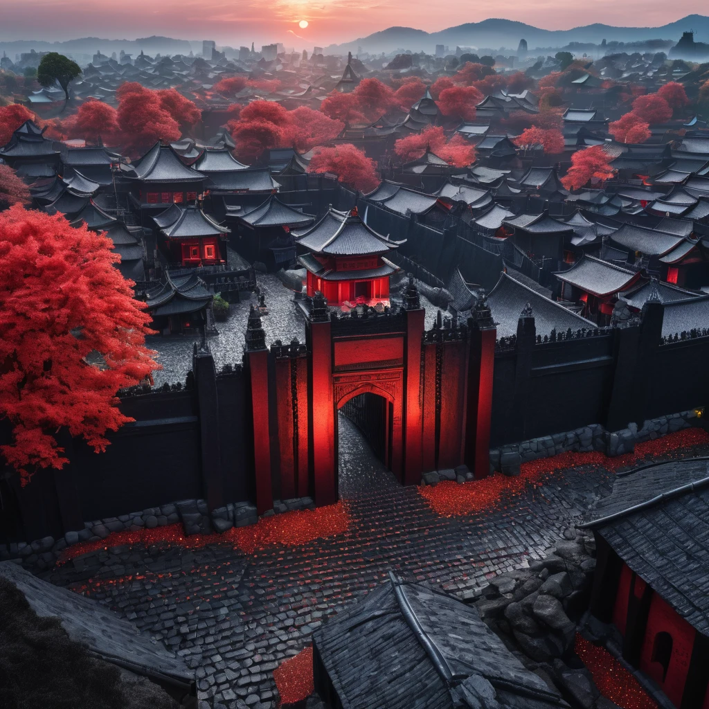 Aerial view on a bright day. A gated city down in a valley has thirty-foot-tall defensive walls made of black tourmaline. The defensive wall's solid black, metal sheet steel gates have doors that are embossed with a large sterling silver tree. This ultra-realistic color photograph shows guards at the gate on a day when a red sun is shining. There is a slight red haze. The city contains dark cobblestone roads and thatched-roof stone country cottages. At the center of the city is a temple made entirely of translucent diamonds. A super realistic fantasy picture. The shot is taken with expert precision. This smooth and intricately detailed photograph promises to leave an indelible impression.