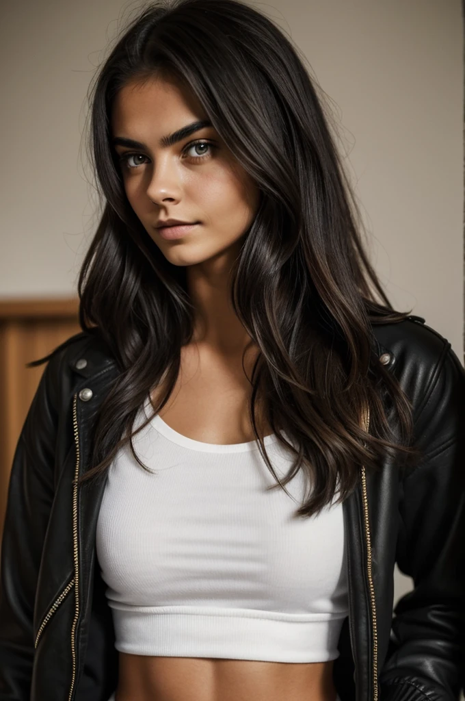 photograph of a 20 year old woman, cara perfecta, obra maestra, Bien, ropa interior, negro_Bien, chaqueta, negro_bragas