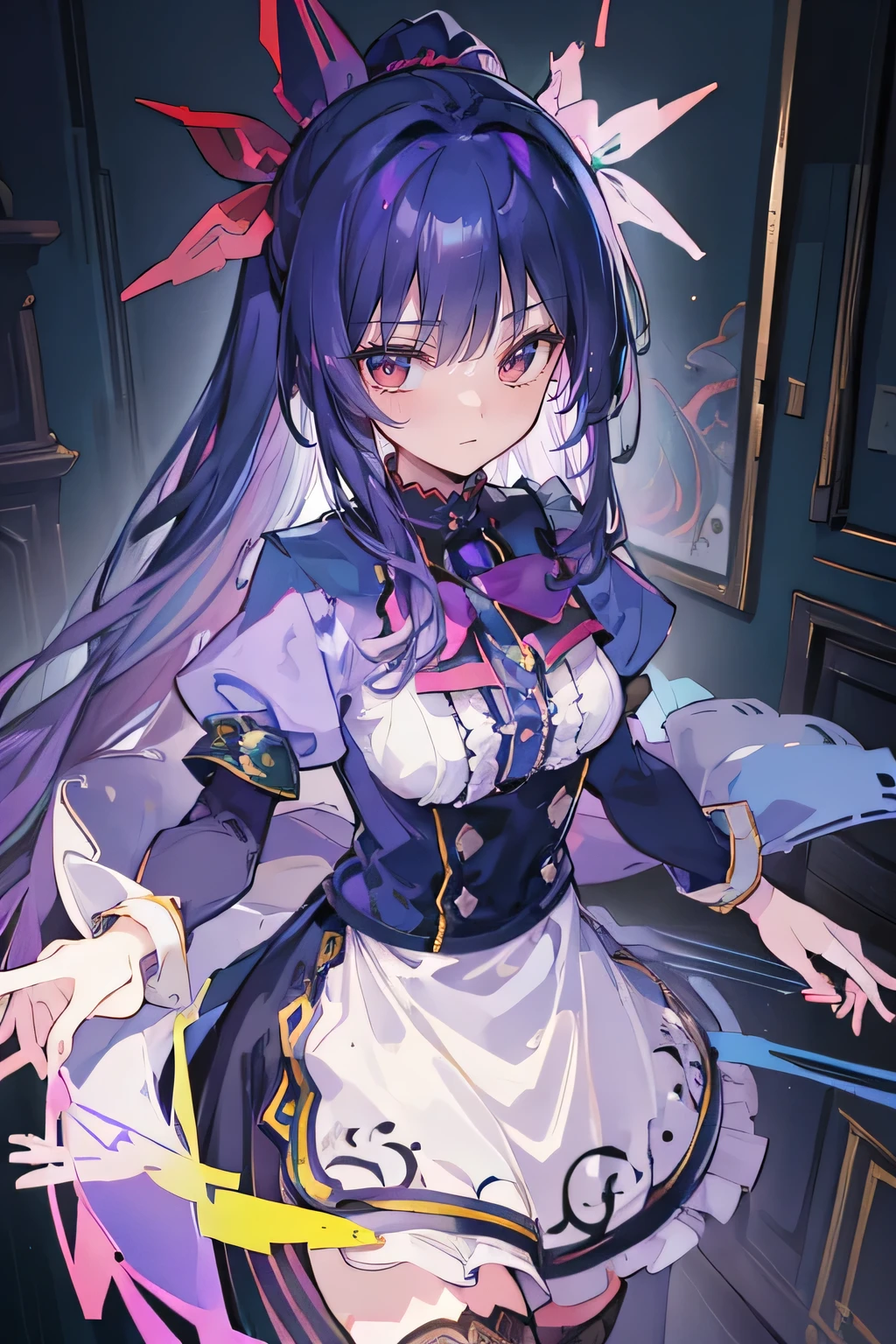 (best quality:1.3), (masterpiece:1.3), (illustration:1.3), (ultra-detailed:1.3), (imid shot:0.9), 1girl, medium breasts, purple eyes, (((dark blue hair))), hair ornaments, young, outfit-gladiia, long hair, dark blue hair, indoors, black shorts, thigh-highs, low ponytail, expressionless, upper body, close up, coat, skirt,