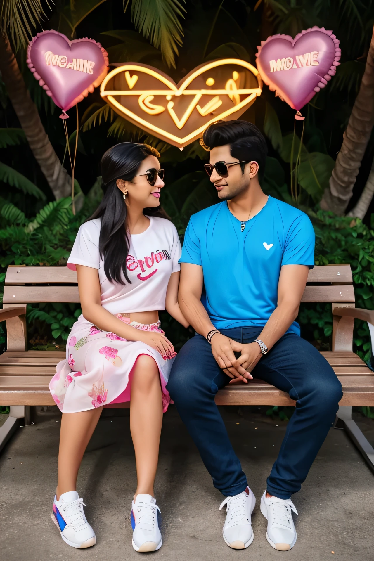 Create a realistic picture of a 22-year beautiful couple sitting on a bench holding each other’s hands. The boy is wearing a T-shirt, sneakers and sunglasses, and the girl is wearing a saree and sunglasses. Write the name “Moolchand ❤️ Neelam ” on the background in a heart-shaped neon signboard along with decorations of flowers, roses and balloons.