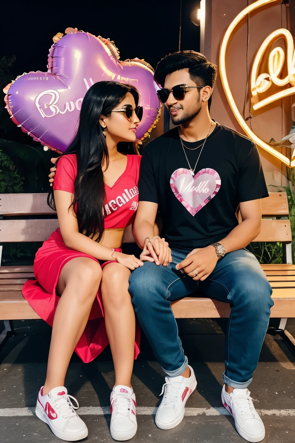 Create a realistic picture of a 22-year beautiful couple sitting on a bench holding each other’s hands. The boy is wearing a T-shirt, sneakers and sunglasses, and the girl is wearing a saree and sunglasses. Write the name “Moolchand ❤️ Neelam ” on the background in a heart-shaped neon signboard along with decorations of flowers, roses and balloons.