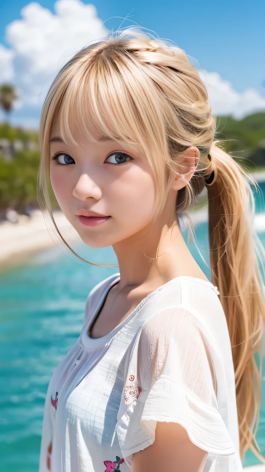 On the beach,White vest,Exposing shoulders,((Tabletop)),(Realistically:1.2),最high quality,high quality,Absurd,Rich colors,Great art,最high quality, Super detailed,Beautiful details,20-year-old、Blonde beauty、Blonde Japanese、