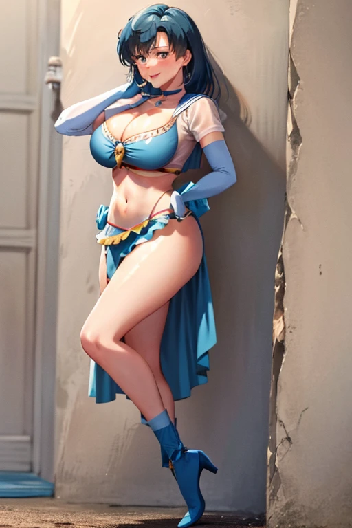 masterpiece, best quality, beautiful art, high resolution, well formed hands, body and fingers, 1 woman, solo, Sailor Mercury, blue hair, elbow gloves, sailor collar, tiara, wearing a Mata Hari outfit, arabian belly dancer, adult, big breasted, cleavage, hair ribbon, full body, sexy and skimpy outfit , gorgeous legs and thighs , she is doing exercise, warming up, working out, sexy and captivating training, smiling joyfully and happily , sweating , bouncing breasts , training montage session, beach environment 