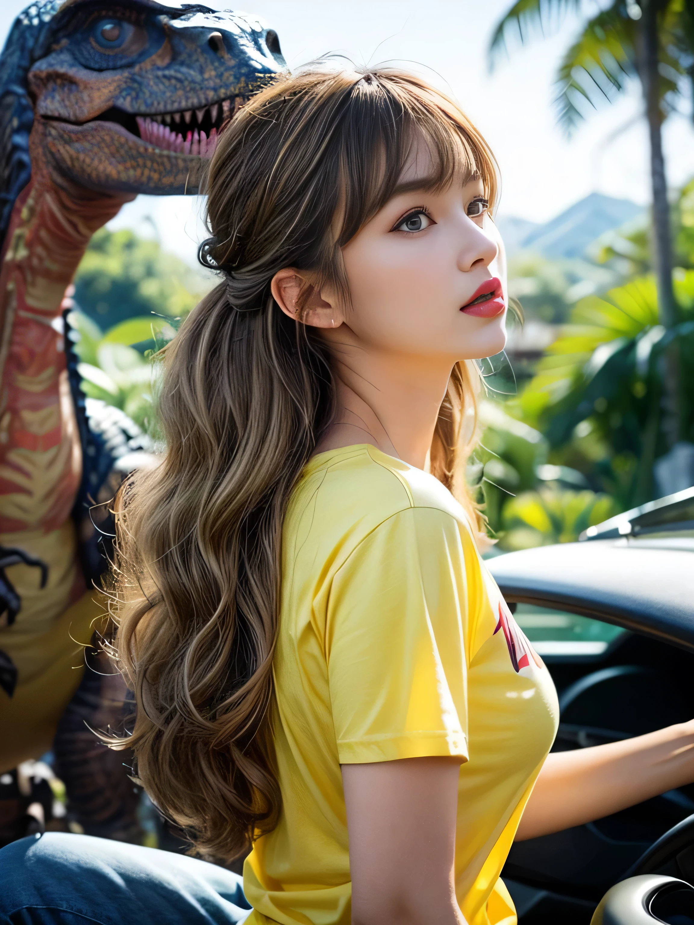 19 years old child, (wearing a pure yellow t-shirt and jeans:1.3), big round breast, nipple protrusio, (Jurassic Park:1.4), (Dinosaur:1.3), ((updo hairstyle, Dark blonde hair, wavy hair, long hair, asymmetric bangs:1.2)), (photorealistic:1.2), (ultra realistic:1.3), (very detailed:1.1), ((masterpiece)), (Hand Details:1.4), (puckered lips:1.3), (Universal Studios Japan:1.3), depth of field, from side.