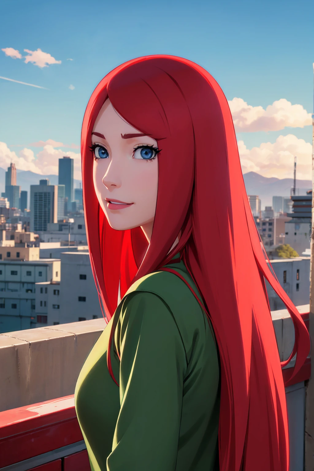 a close up of a person with long hair and a green and white dress, uzumaki kushina, uzumaku kusgiba from anime naruto shippuden, as an anime character, perfect anime face, she has red hair with bangs, female anime character, anime character, anime best girl, hime cut hairstyle, red hair, (red glossy lips:1.3), blue eyes, smile, big , realistic, ultra detail, city background, (beautiful face:1.3) backwards, looking back