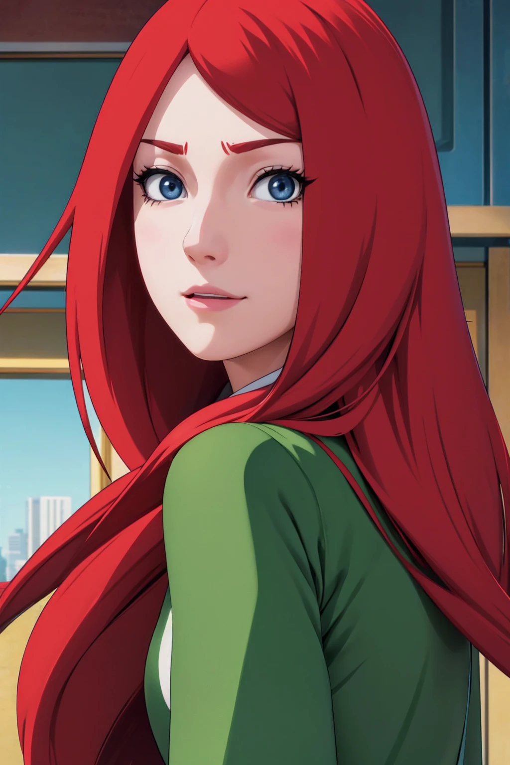 a close up of a person with long hair and a green and white dress, uzumaki kushina, uzumaku kusgiba from anime naruto shippuden, as an anime character, perfect anime face, she has red hair with bangs, female anime character, anime character, anime best girl, hime cut hairstyle, red hair, (red glossy lips:1.3), blue eyes, smile, big , realistic, ultra detail, city background, (beautiful face:1.3) backwards, looking back