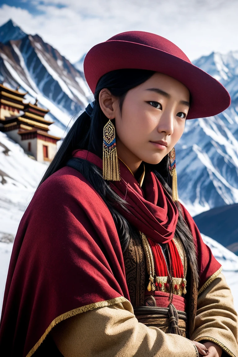 surrealism, Verism, Chiaroscuro, Depth of field, Cinematic lighting, movie picture quality,strong contrast of light and shadow,back lit lighting, filmgrain, hyper HD, Masterpiece, ccurate, Textured skin, Super detail, High details, High quality, Best quality, A high resolution, 8K,The scene is the scenery of the Qinghai-Tibet Plateau,There are snowy mountains,prayer flags,wooden cabin,「A beautiful 28-year-old Tibetan girl」,The costumes are Tibetan art costumes,Photographic style