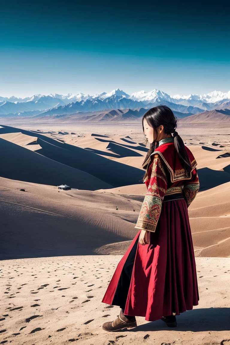 surrealism, Verism, Chiaroscuro, Depth of field, Cinematic lighting, movie picture quality,strong contrast of light and shadow,back lit lighting, filmgrain, hyper HD, Masterpiece, ccurate, Textured skin, Super detail, High details, High quality, Best quality, A high resolution, 8K,The scene is the scenery of the Qinghai-Tibet Plateau,There are snowy mountains,prayer flags,wooden cabin,「A beautiful 28-year-old Tibetan girl」,The costumes are Tibetan art costumes,Photographic style