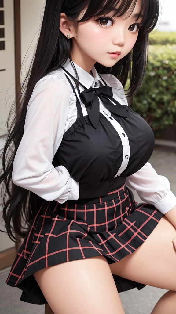 Detailed face、highlight、Asian Girl、thigh、breast enhancement、Black Hair、Heavy bangs、Checkered Skirt、White blouse、