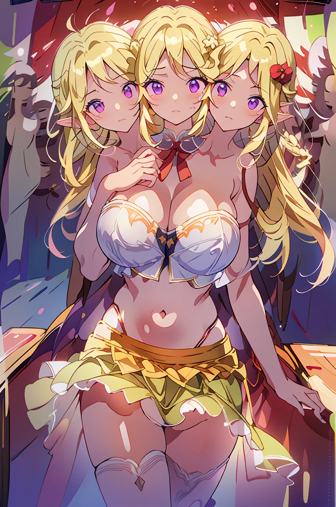 (masterpiece, best quality), best quality, (ultra-detailed), (3heads:1.5), 1girl, (elis:1.3), masterpiece, best quality, ultra quality, ultra resolution, ultra detail, white top, crop top, ((stomach)), midriff, ((groin)), red skirt with strange purple markings along its hem, miniskirt, normal ears, midriff, blonde hair, very long hair, wavy hair, sidelocks, purple eyes, parted lips, sweat, cute, toned belly, hand on own chest, eyelashes, (25 year old woman:1.3), (masterpiece:1.5), (best quality:1.5), (beautiful detailed), extremely detailed CG, extremely delicate and beautiful, depth of field, (finely detailed face), (perfect details:1.2), (mature female:1.3), wide pelvis, slender, large veiny breast, 16k resolution, highres, very high quality, very high definition, extremely detailed, masterpiece, blonde long hair, alluring presence, twin braid, short skirt, close up, very big tits, huge tits, young, red bow, purple bat wings, nsfw, open belly,
