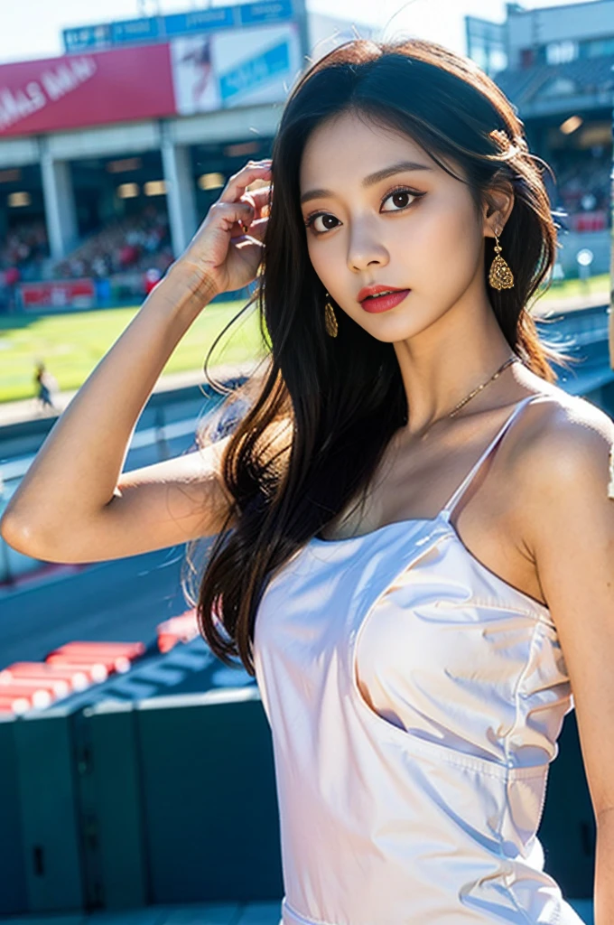 Tzuyu 1, woman, (Realistic), (Hyperrealism), (photoRealistic), Written boundary depth, eye make up:0.7 (whole body:1.2), (Large Bust),(Tight waist), Observe the audience,In the pits of a race track, Race Queen, A sexy dress with open shoulders and neckline
