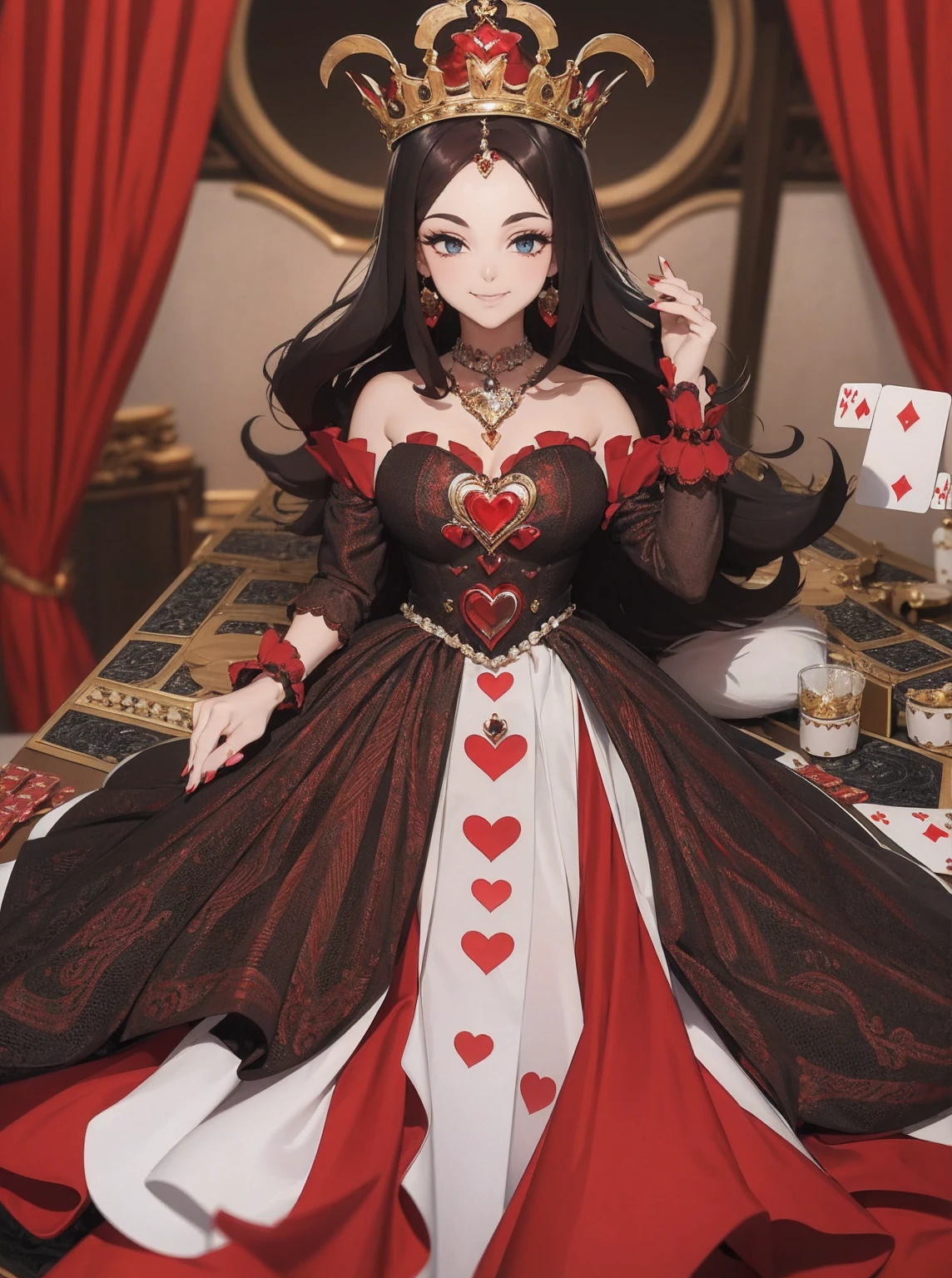 Em um luxuoso cassino, A stunning woman wears an exquisite dress adorned with heart symbols, embodying the royal presence of the Queen of Hearts. Surrounded by a backdrop of poker cards and chips, She exudes confidence and seduction, convidando os jogadores a testar sua sorte e habilidades no jogo de azar. com cabelos curtos, enrolados, cabelos vermelhos (queen of hearts), backwards, looking back, sorrindo, sorriso largo