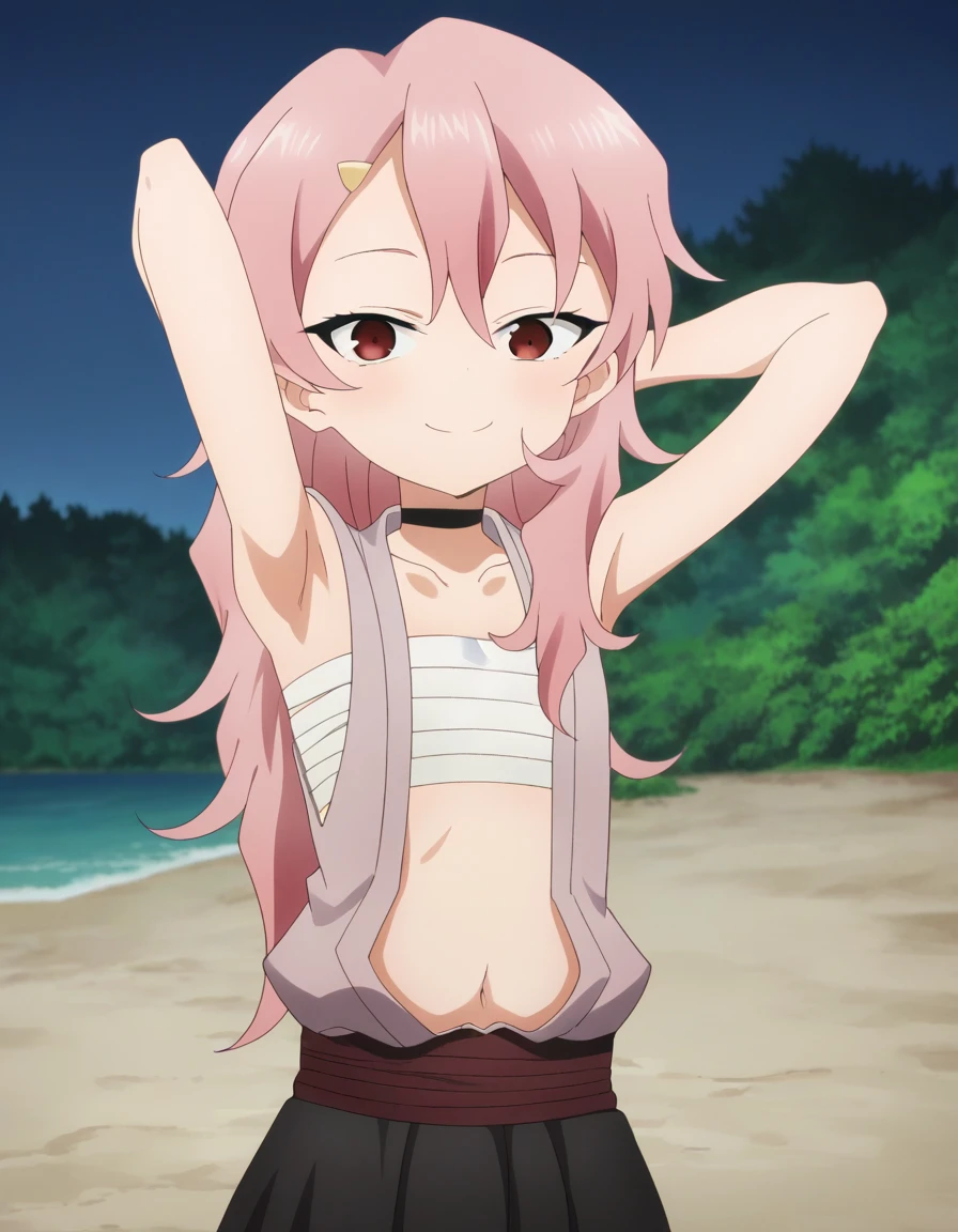 benisumomo, anime coloring ,BREAK source_anime, anime, long hair, hair ornament, red eyes, navel, pink hair, japanese clothes, choker, hairclip, flat chest, black choker, sarashi, chest sarashi, black skirt, high quality, solo, night sky, beach, arms behind head, contrapposto, closed mouth, spread armpits, (cowboy shot:1.5), looking at viewer, smile, best quality, puffing chest,
