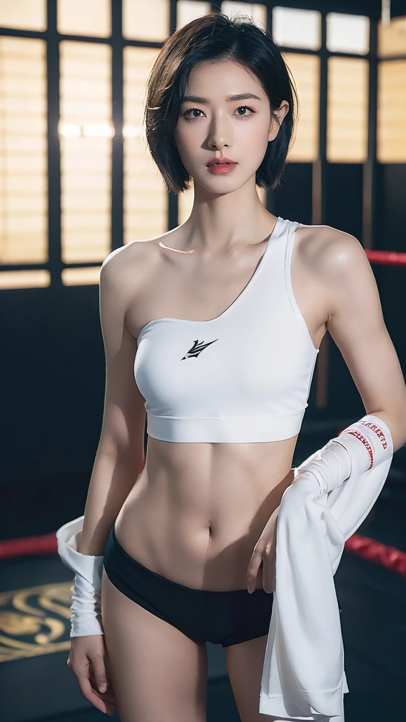 (masterpiece), best quality, expressive eyes, perfect face, Thailand MMA girl, killer, tanned, (masterpiece), best quality, expressive eyes, perfect face, 1girl, beautiful face, Beauty of beauty, (shinny skin, bob cut with movement), black eyes, eyebrows, Looking at Viewer, red polyester bodysuit, yandere look, bloodthirsty expression, standing in frustration, Black hair, (large swaying chest, A slender,), full body, bandage wrapped legwear, muscles, collarbone, slim waist, slim athletic build, Studio Lighting, Muaythai headband, bandage MMA gloves, Sweating, underworld fighting room, Thai face, knee pads, MuayThai, perfect anatomy, bandaged foot, feet, MMA shorts, solo, cum inside, sperm inside, wet shorts, ID card, Her Name, Thai language