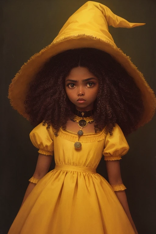 dark brown skin girl,************, huge gorgeous afro hair and big eyes, wearing a yellow dress and a yellow witch hat, soft expression. semi realistic. flat figure