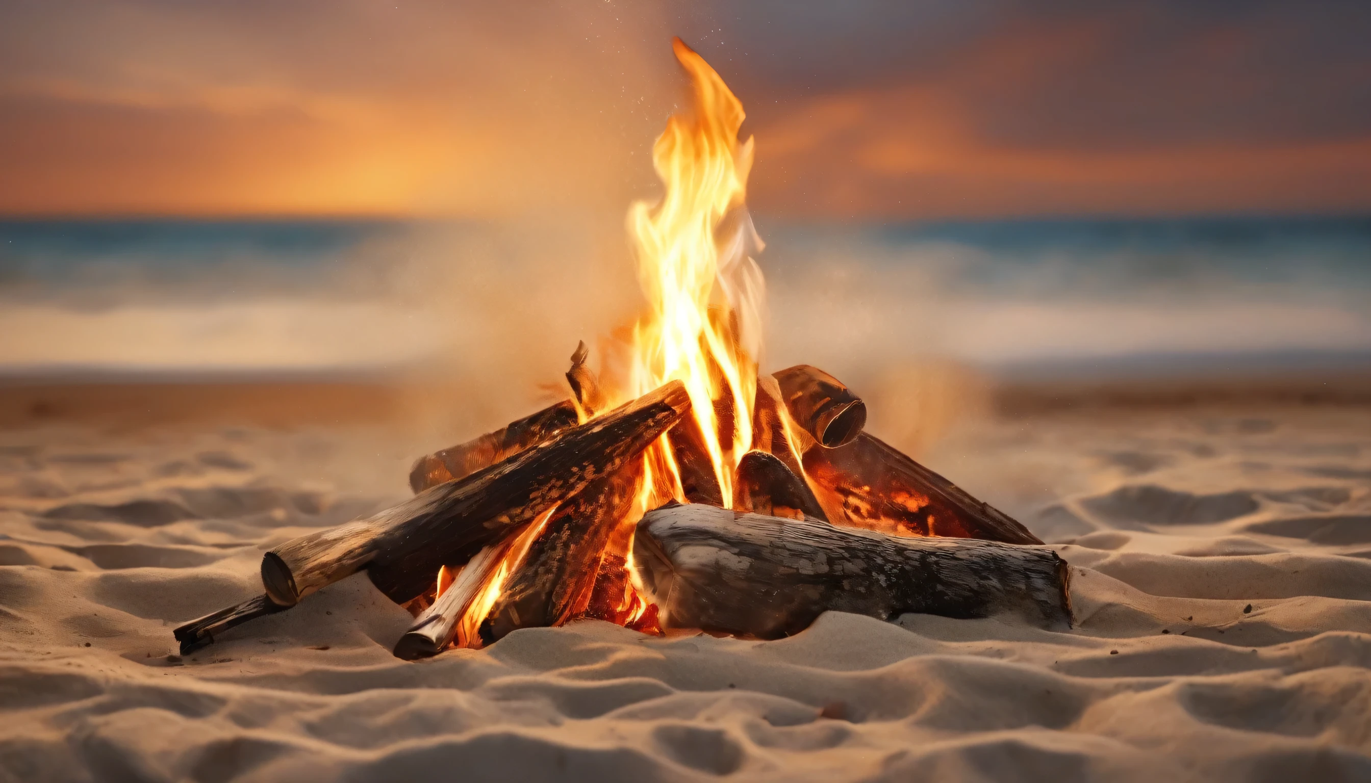 hyperrealistic art a  bonfire on a beach at sunset, extremely high-resolution details, photographic, realism pushed to extreme, fine texture, incredibly lifelike, cinematic epic 4 detailed