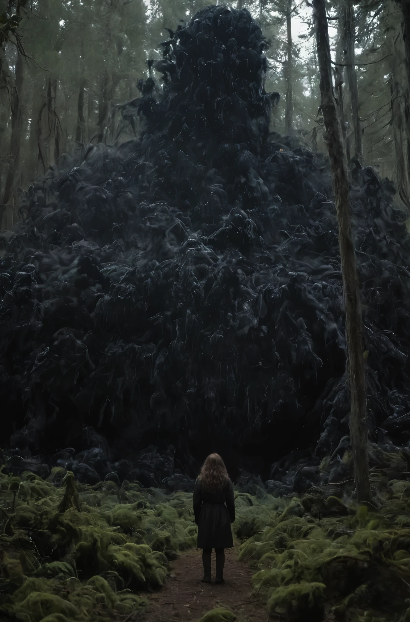 Engulfed By black, Deep in the forest a girl stands surrounded by ghosts, lovecraftian, horror, still from the movie "the thing"