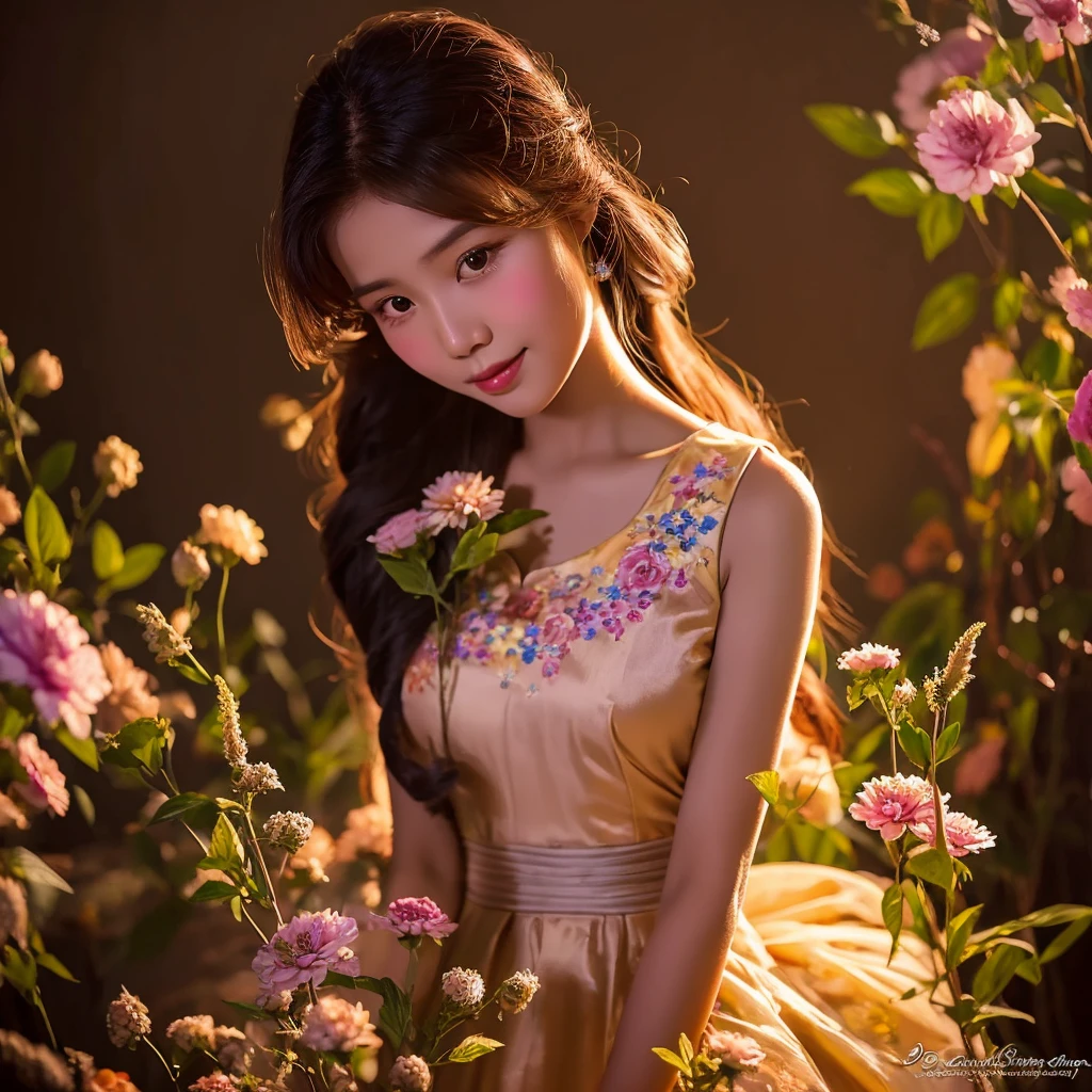 Myanmar girl big butt Myanmar dress Flower painting is very detailed, Soft lighting effects, Cinematic look, Beautiful Hair