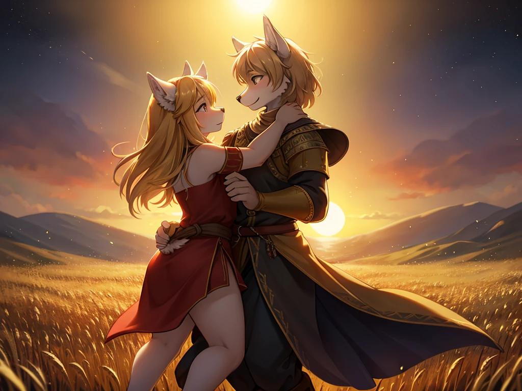 Hallucination, daydream , nightmare , bokeh , Wolves dancing in a sea of golden wheat , sun set , dancing blur , Clothing of peasant women in medieval Europe