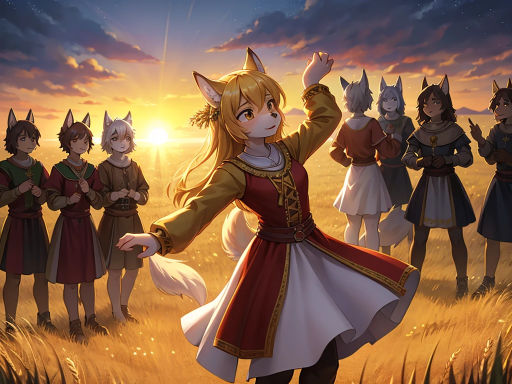 Hallucination, daydream , nightmare , bokeh , Wolves dancing in a sea of golden wheat , sun set , dancing blur , Clothing of peasant women in medieval Europe