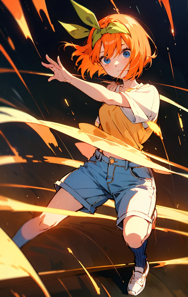 yotsuba Nakano, Official art、Beautifully Aesthetic:1.2)、patterns、Hair spreads throughout、4k, excellent quality, Ultra Detail, Soft Light, Deep Focus Bokeh, Ray Tracing, --niji 5. Nakano yotsuba from the quintessential quintuplets, yotsuba Nakano, short orange hair, blue eyes, nakano_yotsuba, , green ribbon,, splendid, iridescent, dynamic pose, moving, excellent character design, full body pose, full body, full body shot, perfect face, neat, clean, perfect definition aayotsuba, short hair,bangs,hair between eyes, (casual outfit), jeans shorts, crop top, sneakers, cute casual outfit