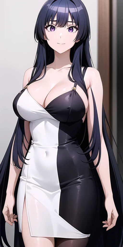 Simple White Background,
Black dress,cleavage, collarbone, bare shoulders,
Purple eyes, Purple hair,bangs,Long hair,
1 girl, 20yo,Young female,Beautiful long legs,Beautiful body,
Beautiful Nose,Beautiful character design, perfect eyes, perfect face,expressive eyes,perfect balance,
looking at viewer,(Focus on her face),closed mouth, (innocent_big_eyes:1.0),(Light_Smile:0.3),
official art,extremely detailed CG unity 8k wallpaper, perfect lighting,Colorful, Bright_Front_face_Lighting,White skin,
(masterpiece:1.0),(best_quality:1.0), ultra high res,4K,ultra-detailed,
photography, 8K, HDR, highres, absurdres:1.2, Kodak portra 400, film grain, blurry background, bokeh:1.2, lens flare, (vibrant_color:1.2),professional photograph,
(Beautiful,large_Breasts:1.4), (beautiful_face:1.5),(narrow_waist),