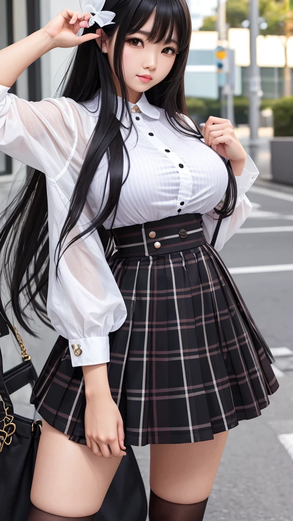 Detailed face、highlight、Asian Girl、thigh、breast enhancement、Black Hair、Heavy bangs、Checkered Skirt、White blouse、