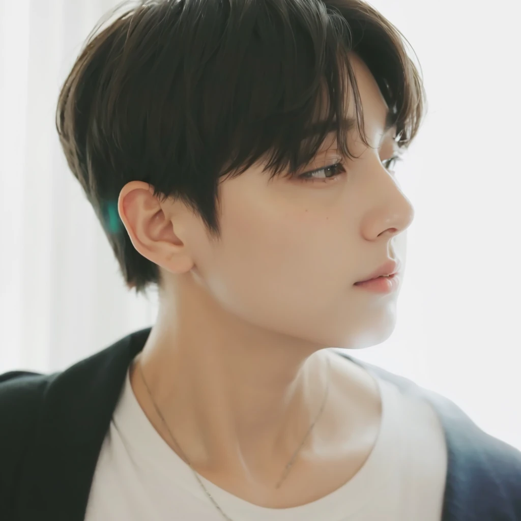 Kpop boy, Jeon Jungkook, smooth skin, big eyes, beautiful lips.