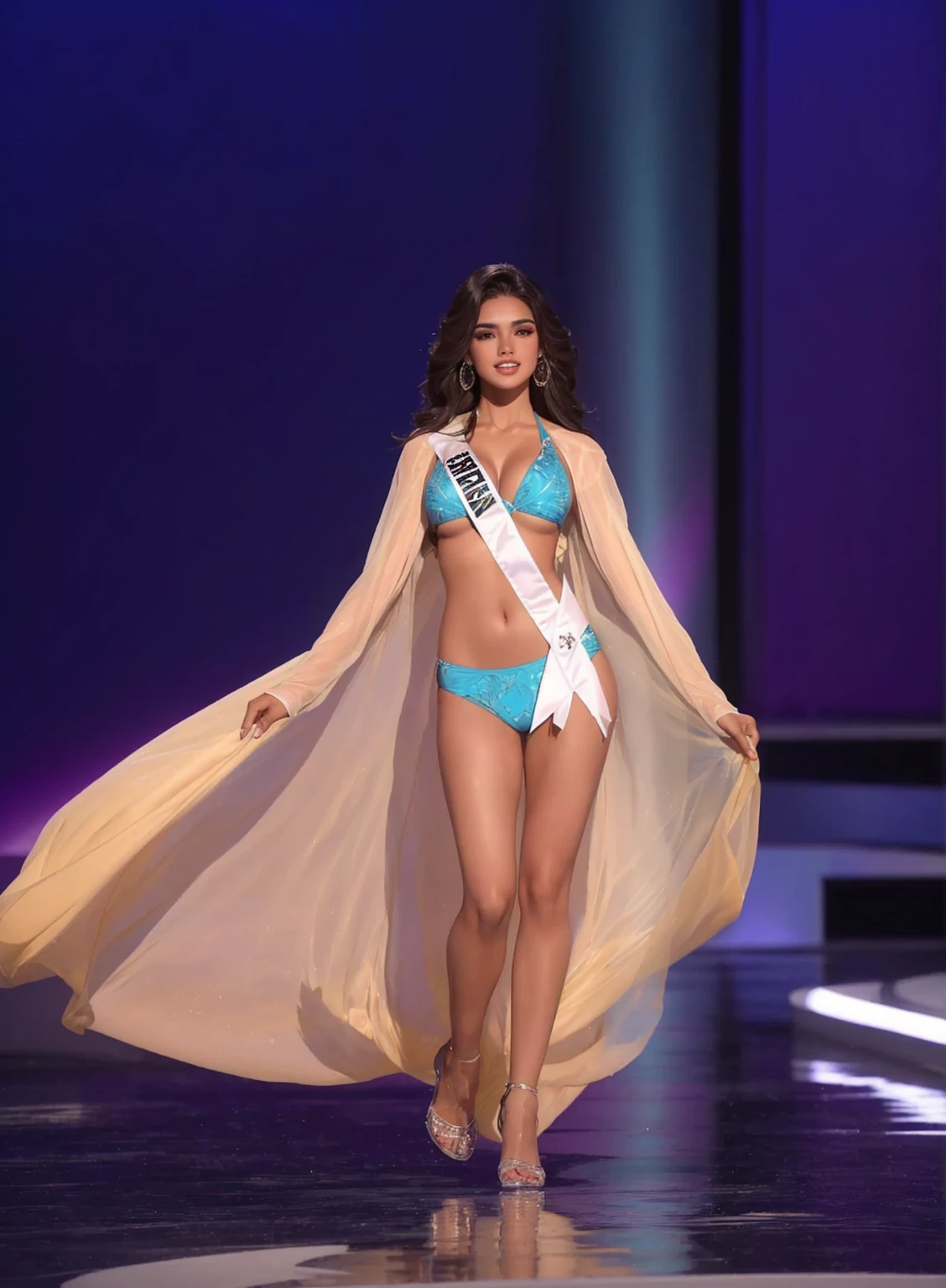 a woman in a bikini and capa walks on a stage, Miss Universo, bikini model, 1er ganador, rendering of beauty pageant, blanca alvarez, diosa alta, delgada y hermosa, karla ortiz, capa, prenda blanca y verde azulado, disfraz con detalles en azul, Ameera bronceada al taweel, swimsuit model, cautivador y tentador, batas flotantes, cindy avelino