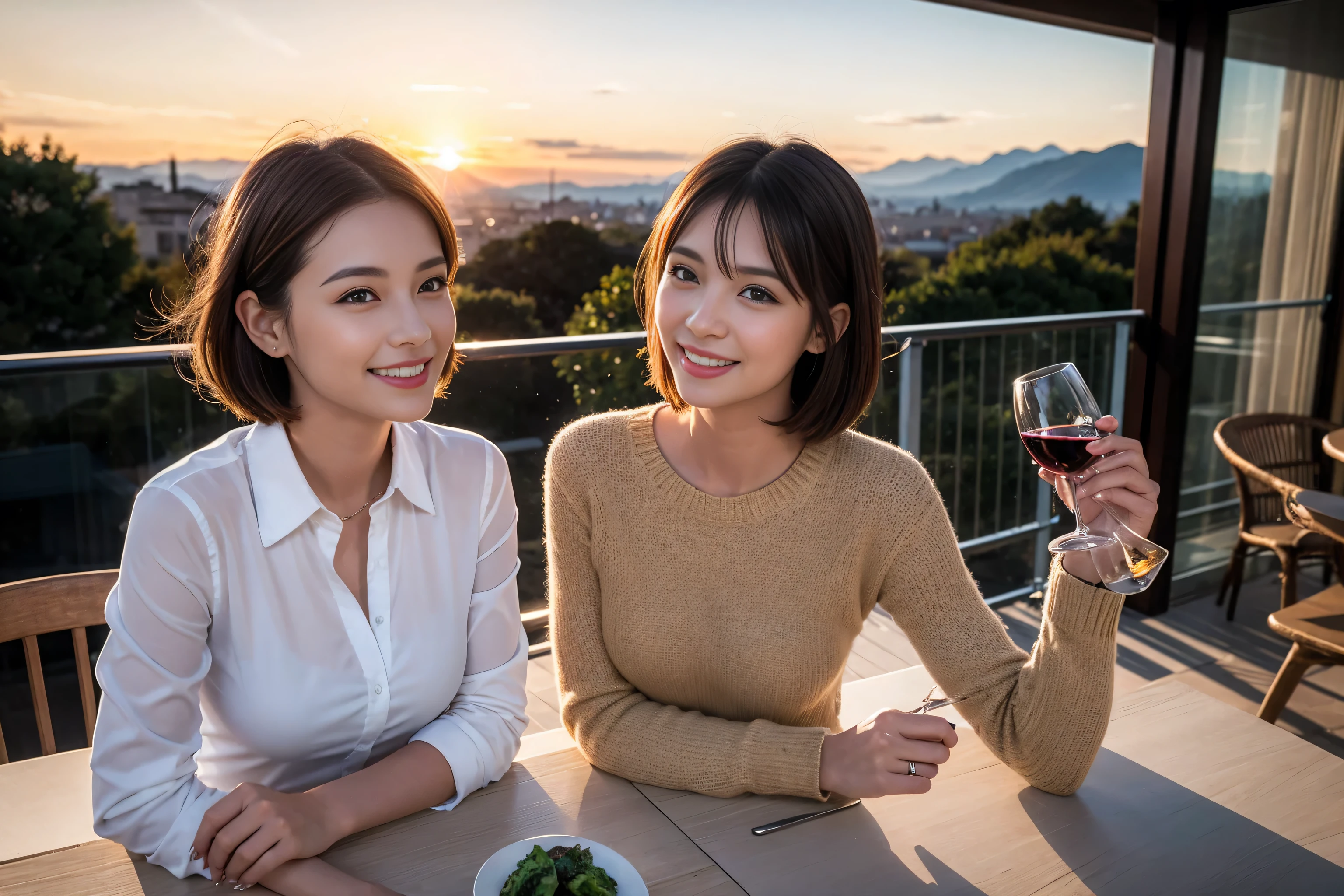 ((highest quality、8k、masterpiece:1.3))、1 male、1 female、Couple、spouse、Couple、The body is slim、((Bob Hale、Straight hair:1.2)), (Realistic, Intricate details:1.2), Wine glass on the table、Put the light on your face、 Amazing view of the sunset sky and clouds、Amazing mountain views、A bright smile、The wonderfulness of smile、Bright image、The beauty of wine, Beautiful Face, blue eyes, The light shines on your face, Blushing, short hair,Bright Face、 (age 34), 39 years old, red wine 、Appetizers、Italian food、Wine bottle、Champagne、sparkling wine、Two beauties、Brown Hair、Shortcuts、Long sleeve shirt、dress、Pretty Woman 1, (Slim face), (The body is slim), (Brown Hair), (Shortcuts), cheeks turn a little red,Attractive beauty、restaurant, In a prominent place (From the waist up) Nova Frog Style, actress, model, Upper Body, White wine, slim, wine glass, A wine glass placed in the center, smile, (smile: 1.15), Beautiful fine grain, Depth f/2,saturation, High Contrast, Strong light and shadow,Moist Body:1.5、3D texture、Delicate eyes、Brown Hair、The hair is very shiny、