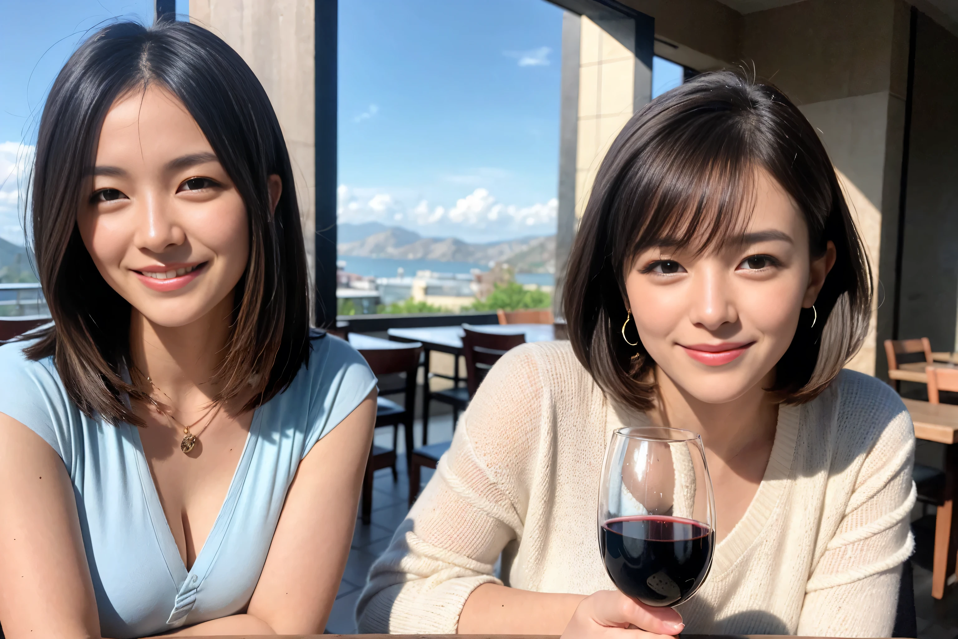 ((highest quality、8k、masterpiece:1.3))、1 male、1 female、Couple、spouse、Couple、The body is slim、((Bob Hale、Straight hair:1.2)), (Realistic, Intricate details:1.2), Wine glass on the table、Put the light on your face、 Amazing view of the sunset sky and clouds、Amazing mountain views、A bright smile、The wonderfulness of smile、Bright image、The beauty of wine, Beautiful Face, blue eyes, The light shines on your face, Blushing, short hair,Bright Face、 (age 34), 39 years old, red wine 、Appetizers、Italian food、Wine bottle、Champagne、sparkling wine、Two beauties、Brown Hair、Shortcuts、Long sleeve shirt、dress、Pretty Woman 1, (Slim face), (The body is slim), (Brown Hair), (Shortcuts), cheeks turn a little red,Attractive beauty、restaurant, In a prominent place (From the waist up) Nova Frog Style, actress, model, Upper Body, White wine, slim, wine glass, A wine glass placed in the center, smile, (smile: 1.15), Beautiful fine grain, Depth f/2,saturation, High Contrast, Strong light and shadow,Moist Body:1.5、3D texture、Delicate eyes、Brown Hair、The hair is very shiny、