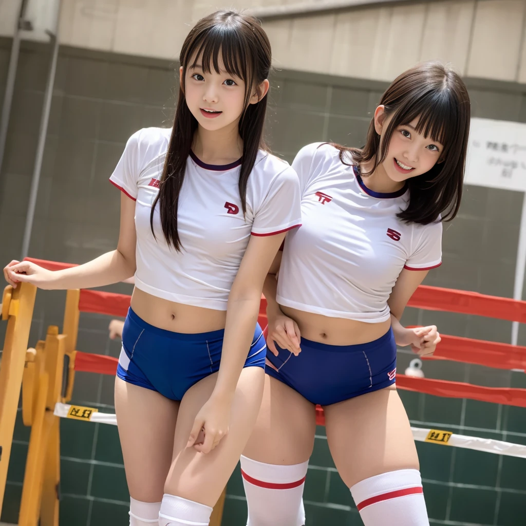 age Japanese Girl, White tight shirt, タイトなBloomers, bloomers, pointy big breasts, very small nipples, Bloomers、Long legs,Long white socks ,Embarrassed face, Side stand pose,volleyball,open small, View from below