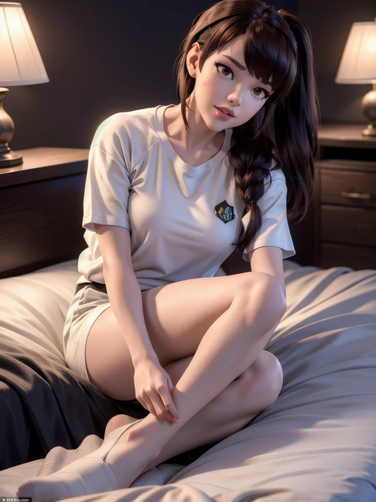 (DVA from Overwatch) without her mech, a woman with short brown hair in a (ponytail),she sits on her bed with her legs spread, high quality refelctions, volumetric lighting, she is wearing a very loose (plain ice white t-shirt), very short sleeves, in her bedroom on her bed, 1 girl solo, cinematic lighting, high resolution, physically-based rendering, 8k, volumetric lighting, hyperrealistic, detailed facial features, masterpiece, full upper body, gaming setup in background, cinematic, you can see the fabric of the shirt and the knits very detailed,(very small breasts,) breasts, nsfw, the focus is on her whole body and the environment, cinematic screenshot, you can see the (whole room) and her sitting on the bed