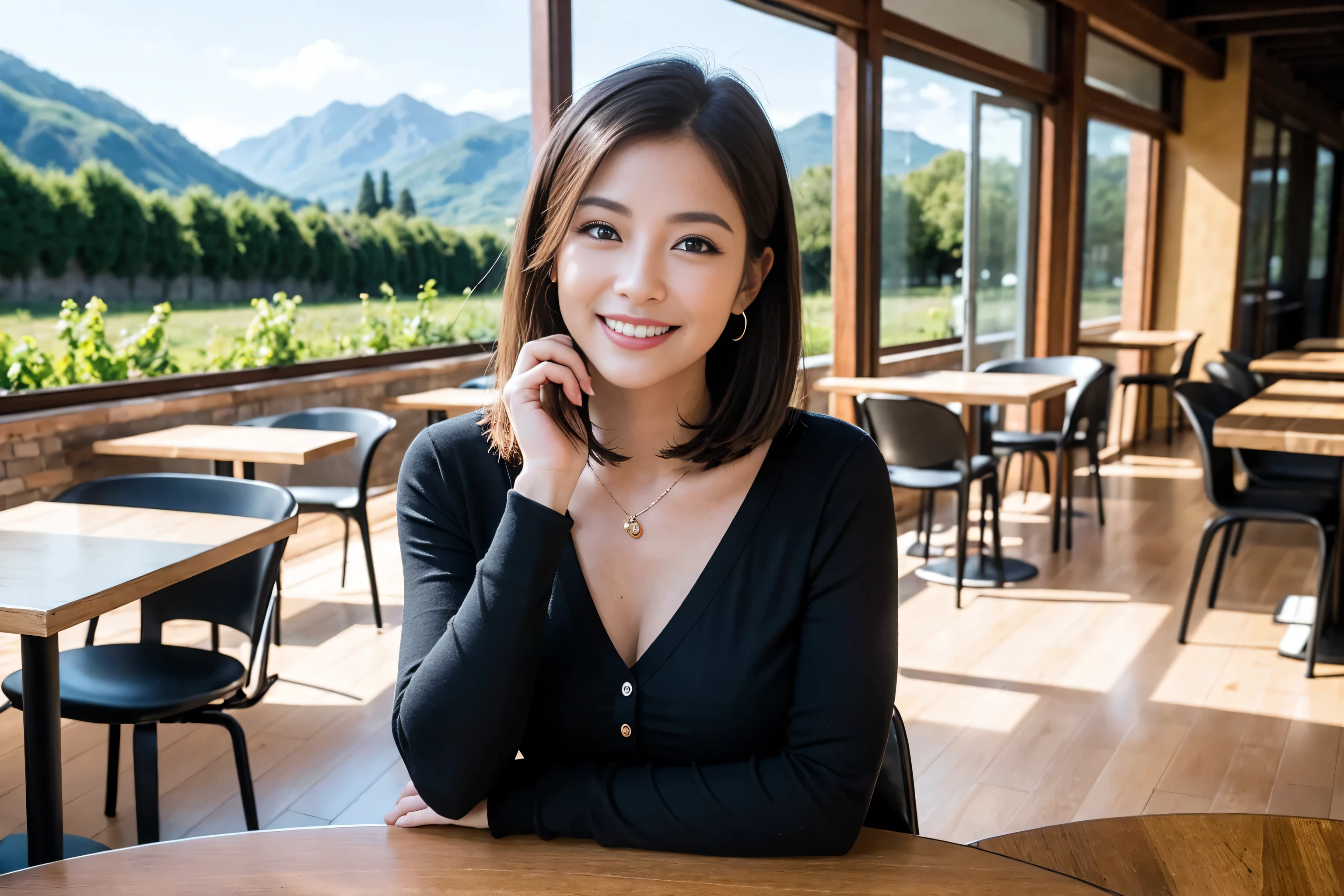 ((highest quality、8k、masterpiece:1.3))、1 male、1 female、Couple、spouse、Couple、The body is slim、((Bob Hale、Straight hair:1.2)), (Realistic, Intricate details:1.2), Wine glass on the table、Put the light on your face、 Amazing view of the sunset sky and clouds、Amazing mountain views、A bright smile、The wonderfulness of smile、Bright image、The beauty of wine, Beautiful Face, blue eyes, The light shines on your face, Blushing, short hair,Bright Face、 (age 34), 39 years old, red wine 、Appetizers、Italian food、Wine bottle、Champagne、sparkling wine、Two beauties、Brown Hair、Shortcuts、Long sleeve shirt、dress、Pretty Woman 1, (Slim face), (The body is slim), (Brown Hair), (Shortcuts), cheeks turn a little red,Attractive beauty、restaurant, In a prominent place (From the waist up) Nova Frog Style, actress, model, Upper Body, White wine, slim, wine glass, A wine glass placed in the center, smile, (smile: 1.15), Beautiful fine grain, Depth f/2,saturation, High Contrast, Strong light and shadow,Moist Body:1.5、3D texture、Delicate eyes、Brown Hair、The hair is very shiny、