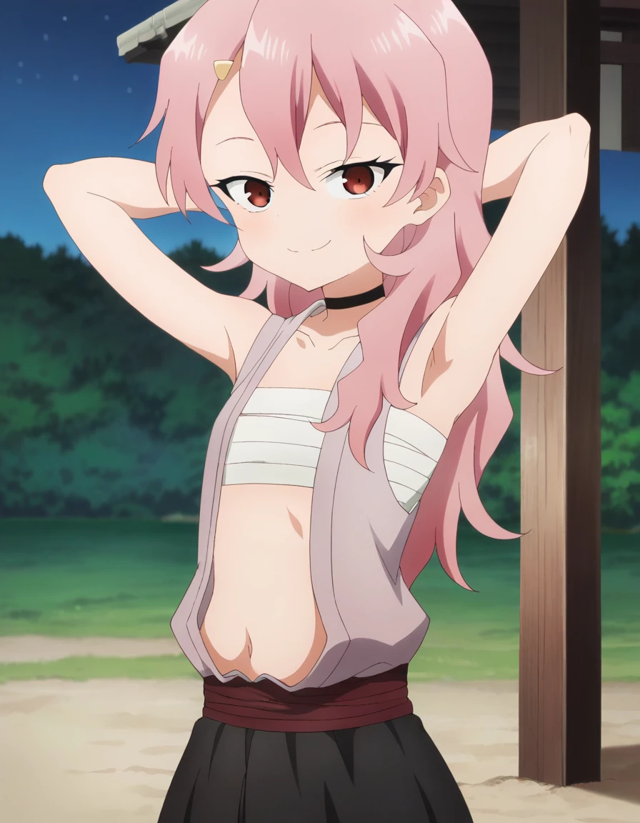 benisumomo, anime coloring ,BREAK source_anime, anime, long hair, hair ornament, red eyes, navel, pink hair, japanese clothes, choker, hairclip, flat chest, black choker, sarashi, chest sarashi, black skirt, high quality, solo, night sky, beach, arms behind head, contrapposto, closed mouth, spread armpits, (cowboy shot:1.5), looking at viewer, smile, best quality, puffing chest, sexy,