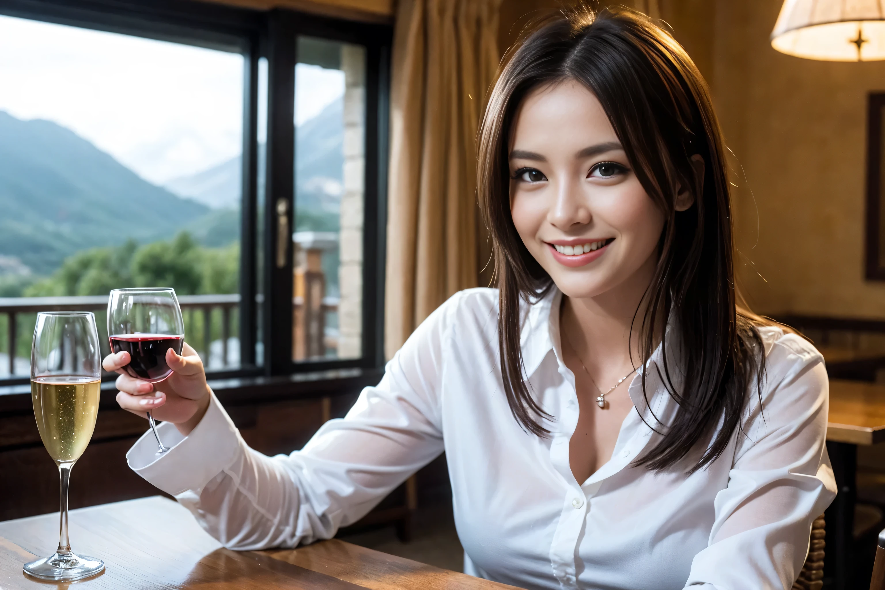 ((highest quality、8k、masterpiece:1.3))、1 male、1 female、Couple、spouse、Couple、The body is slim、((Bob Hale、Straight hair:1.2)), (Realistic, Intricate details:1.2), Wine glass on the table、Put the light on your face、 Amazing view of the sunset sky and clouds、Amazing mountain views、A bright smile、The wonderfulness of smile、Bright image、The beauty of wine, Beautiful Face, blue eyes, The light shines on your face, Blushing, short hair,Bright Face、 (age 34), 39 years old, red wine 、Appetizers、Italian food、Wine bottle、Champagne、sparkling wine、Two beauties、Brown Hair、Shortcuts、Long sleeve shirt、dress、Pretty Woman 1, (Slim face), (The body is slim), (Brown Hair), (Shortcuts), cheeks turn a little red,Attractive beauty、restaurant, In a prominent place (From the waist up) Nova Frog Style, actress, model, Upper Body, White wine, slim, wine glass, A wine glass placed in the center, smile, (smile: 1.15), Beautiful fine grain, Depth f/2,saturation, High Contrast, Strong light and shadow,Moist Body:1.5、3D texture、Delicate eyes、Brown Hair、The hair is very shiny、
