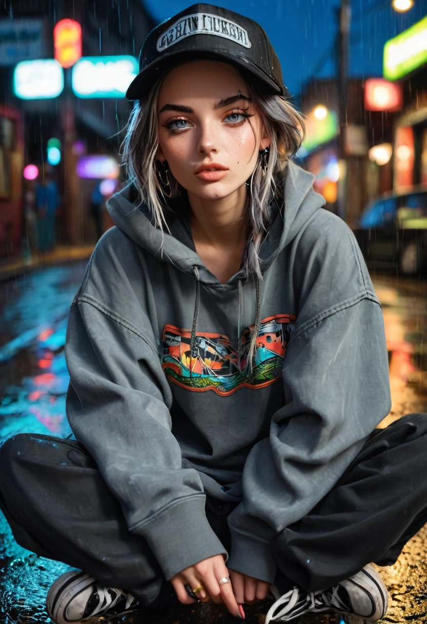 create a blank faded black washed hoodie, retro baggy, 90s, with a trucker hat on, beautiful female thin face, piercings on face, loose fit, baggy, pretty eyes, hoodie, skater night life in background, rain, sitting on ground legs crossed, hoodie jaw string tied in a knot, cargo pants