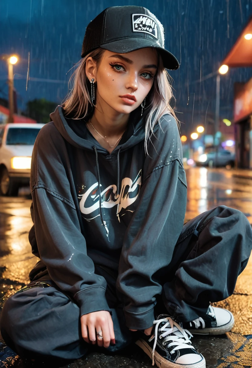 create a blank faded black washed hoodie, retro baggy, 90s, with a trucker hat on, beautiful female thin face, piercings on face, loose fit, baggy, pretty eyes, hoodie, skater night life in background, rain, sitting on ground legs crossed, hoodie jaw string tied in a knot, cargo pants