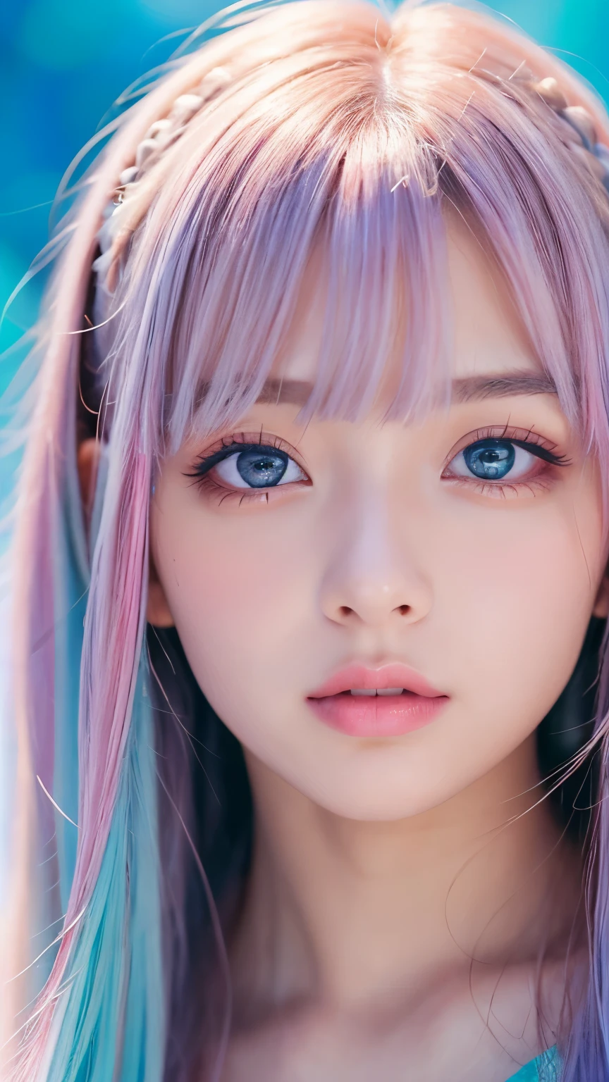 「A vivid and fantastical background、A portrait of a beautiful young woman is depicted。Her hair is pastel colored、It has a pink and blue gradation.。Her big eyes sparkle、It&#39;s like a starry sky。Rainbow-colored bubbles and light particles dance in the background.、The overall atmosphere is dreamy and magical.。」