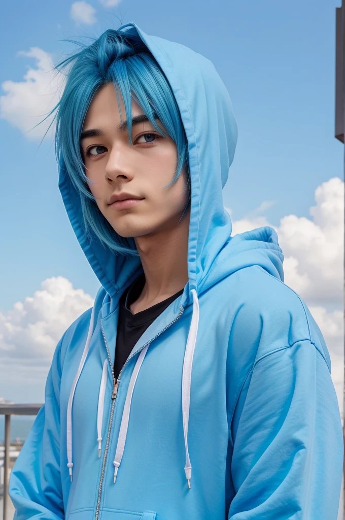 Make anime boy who wear a sky blue color hoodie and his hair is sky blue
