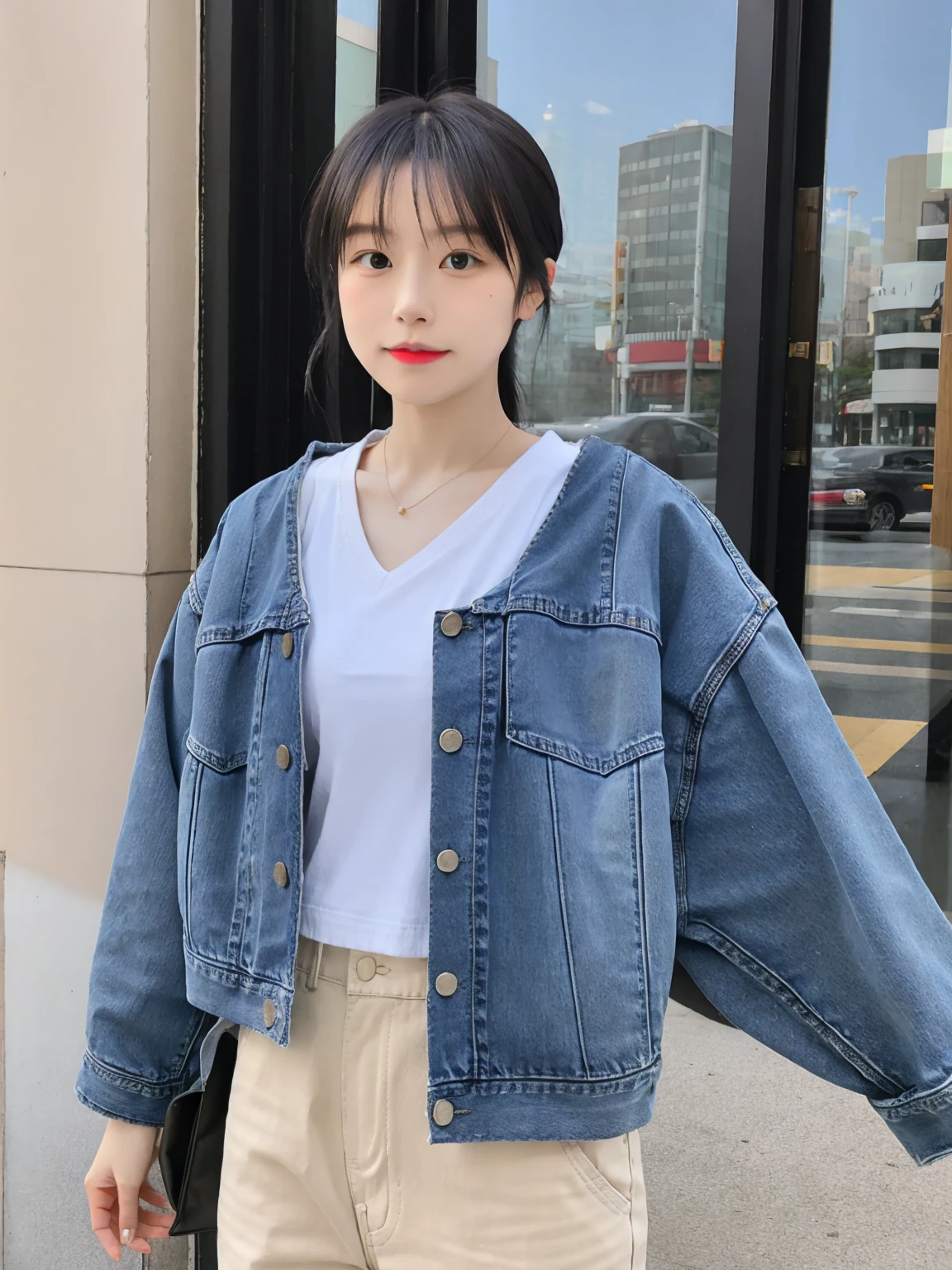 "A Japanese girl in Daikanyama. Light blue denim jacket. White V-neck T-shirt. Relaxed fit black cropped pants. White canvas sneakers. Tan leather tote bag