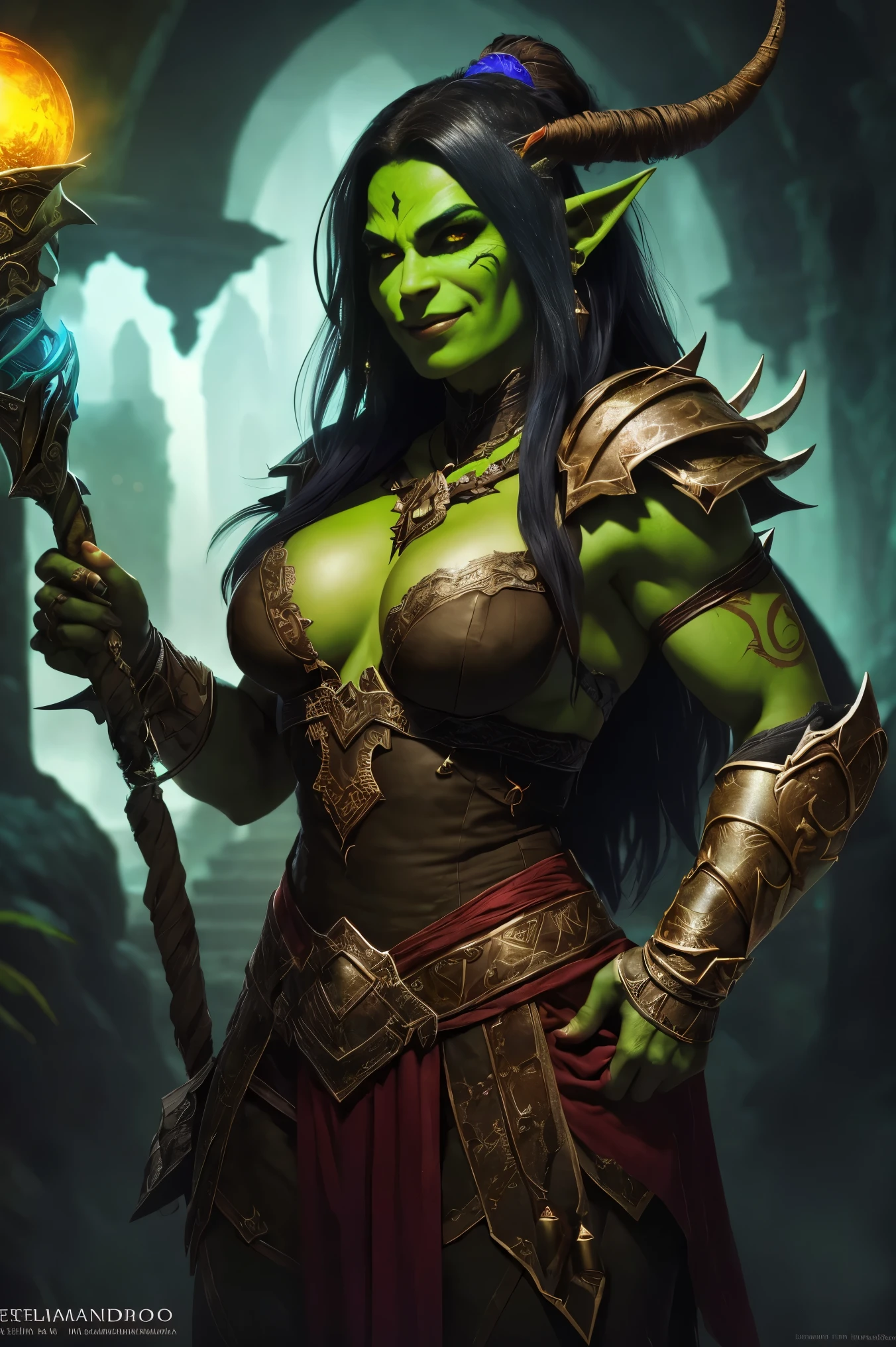 (papel de parede 8k extremamente detalhado), A medium photo of a beautiful necromancer female orc, intrincado, alto detalhe, dramatic