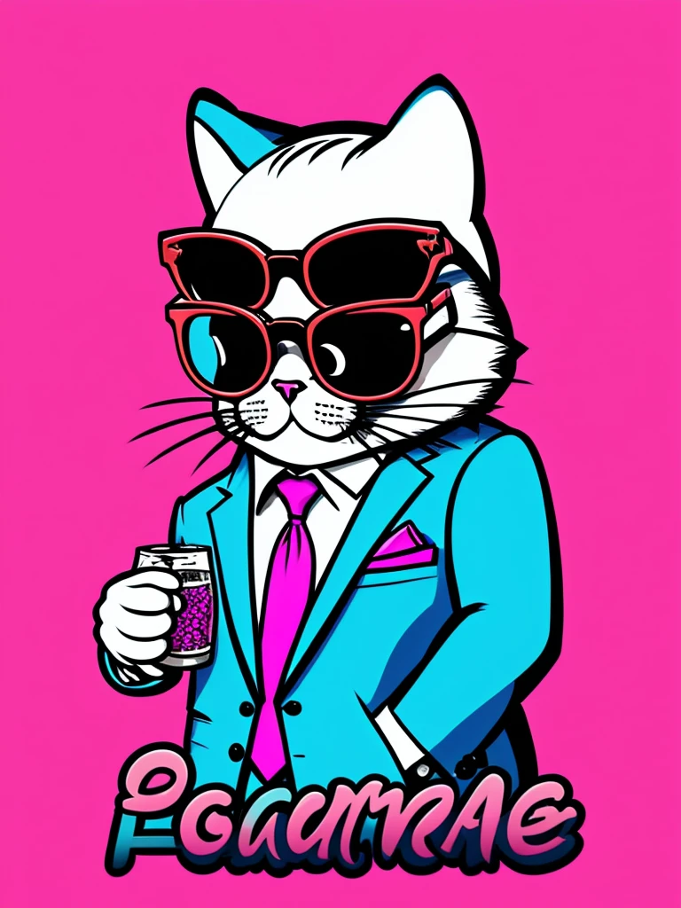 [pink background] a cat with glasses and a suit jacket, cartoon style, cartoon portrait, caricature illustration, ultra-detailed, cartoon!!!, inspired by Bored Ape Yacht Club art, hippie, cartoon, [profile photo style], [half body]
