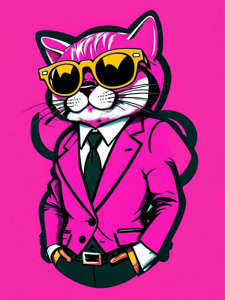 [pink background] a cat with glasses and a suit jacket, cartoon style, cartoon portrait, caricature illustration, ultra-detailed, cartoon!!!, inspired by Bored Ape Yacht Club art, hippie, cartoon, [profile photo style], [half body]