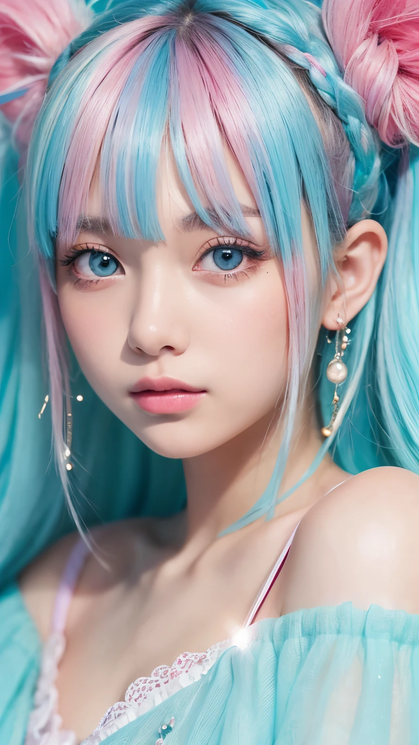 「A vivid and fantastical background、A portrait of a beautiful young woman is depicted。Her hair is pastel colored、It has a pink and blue gradation.。Her big eyes sparkle、It's like a starry sky。Rainbow-colored bubbles and light particles dance in the background.、The overall atmosphere is dreamy and magical.。」