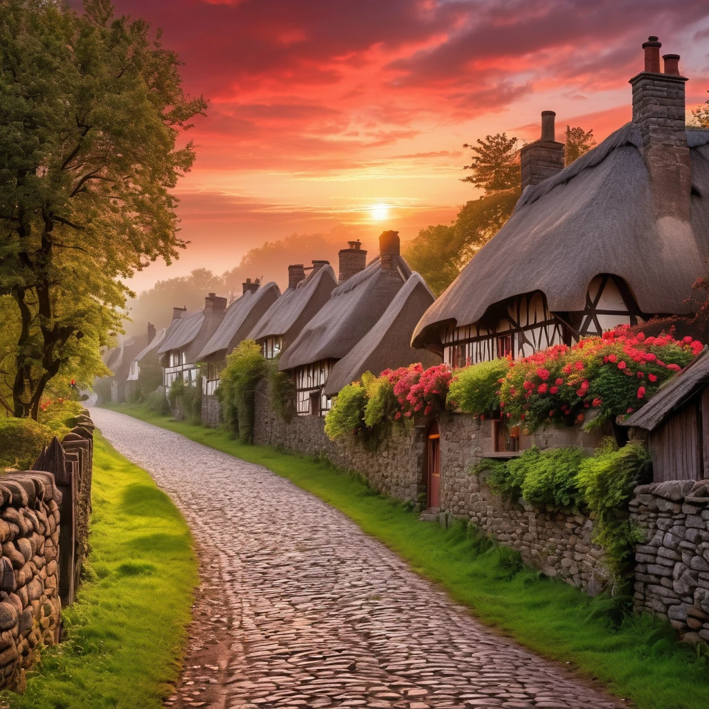A town under a slight red haze. The sun is red. The town has lots of green trees, thatched-roof country stone cottages, and a dark cobblestone road. The cottages are not red. A super realistic fantasy picture. The shot is taken with expert precision. This smooth and intricately detailed photograph promises to leave an indelible impression.