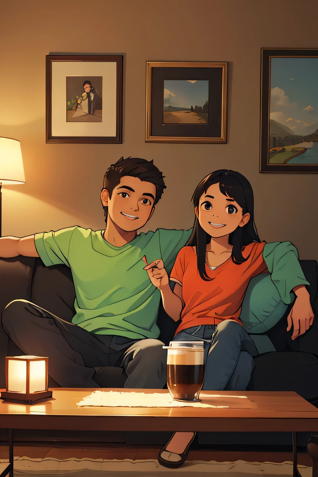 Ana (25 years) y Luis (26 years old) de pie, sonriendo, in a home environment.
Fondo: Living room with a sofa, a coffee table and some decorative elements such as a lamp and paintings on the wall.